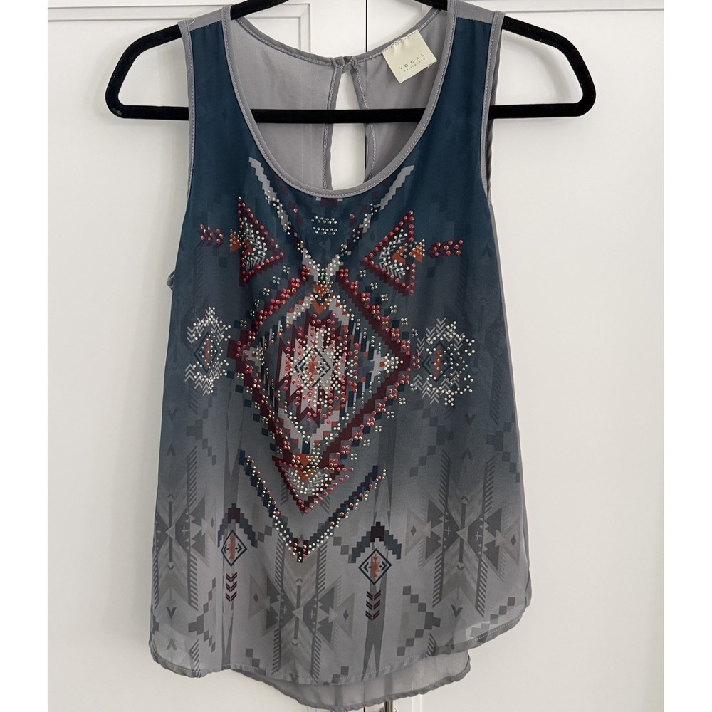 Vocal California Grey Embellished Rhinestone Aztec Tank Small Made USA